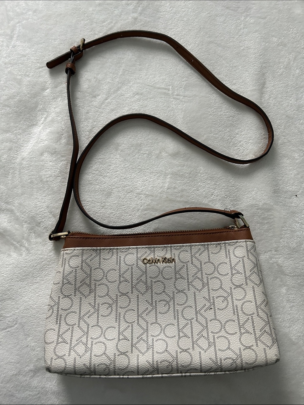 Calvin Klein Cream Logo Crossbody with Brown Trim and Strap